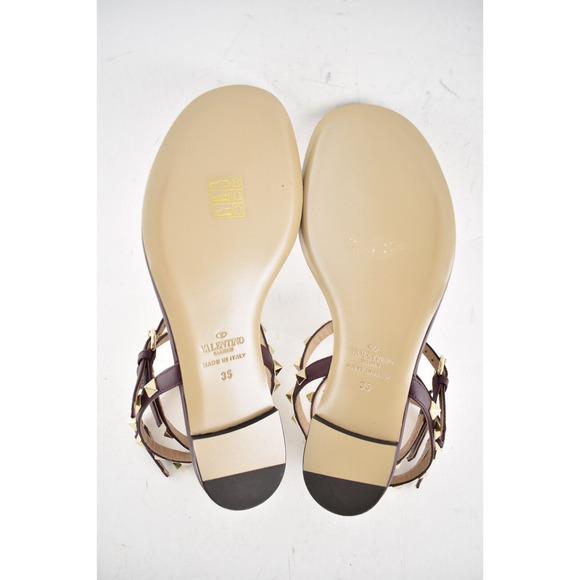 Valentino Rockstud Red Burgundy Leather Triple Strap Gladiator Flat Sandal 35 - Picture 12 of 12